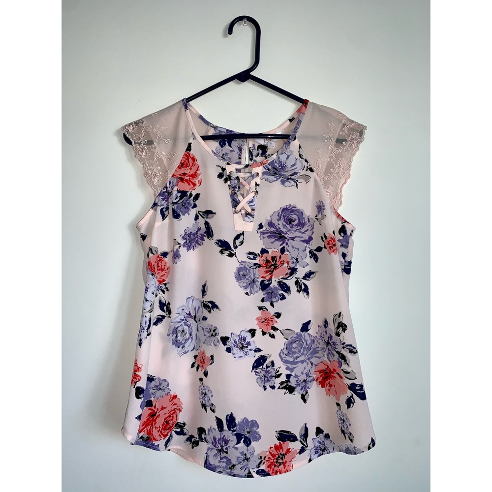 Pink Loose Fit Chiffon Blouse Lace Shoulders